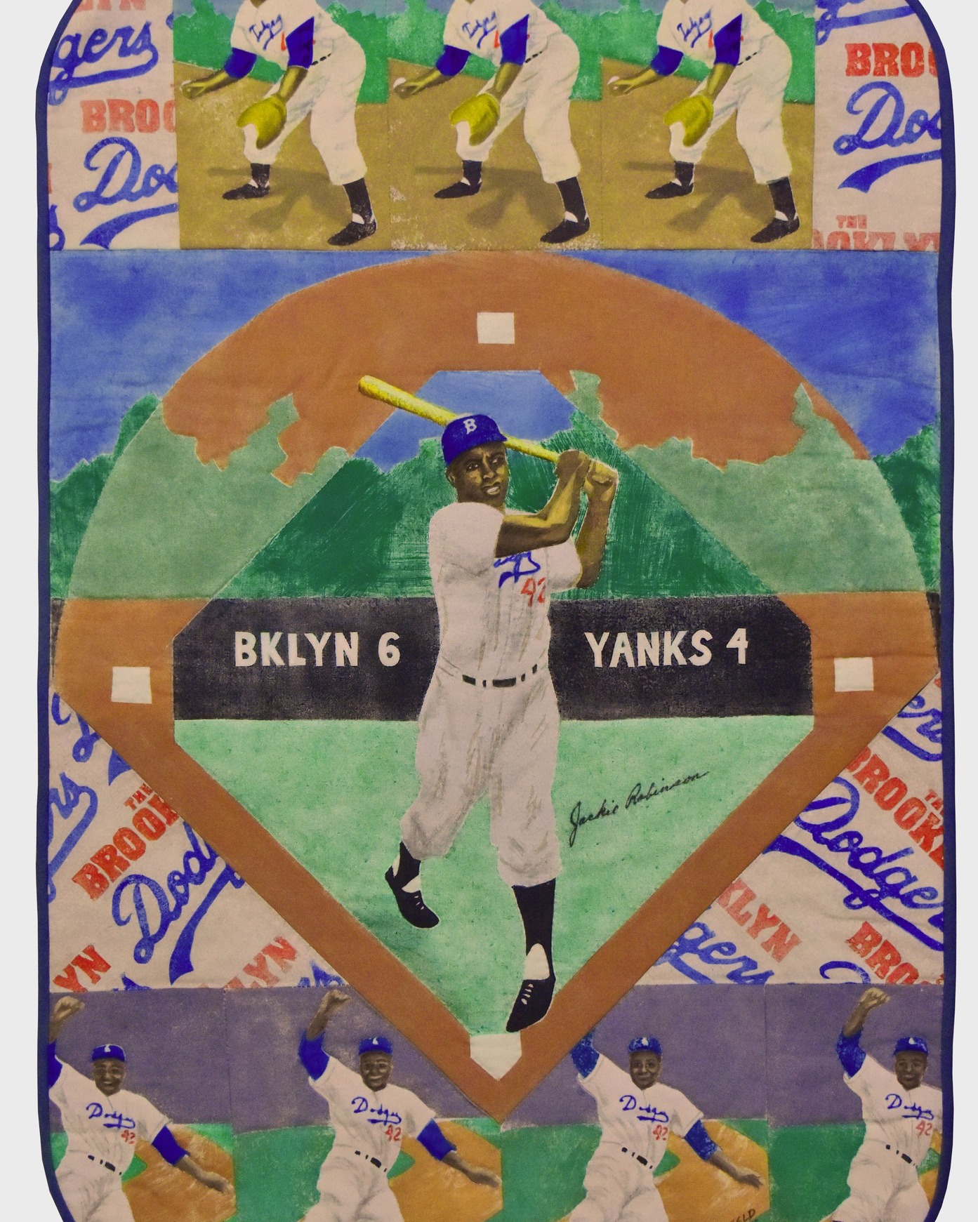 Today we honor a legend. ⚾✨
Jack of Diamonds by Karen Felicity Berkenfeld reimagines Jackie Robinson as the iconic card—sliding into home, forever changing the game.
Part of Playing with a Full Deck, our 54-piece quilt collection that helped redefine quilts as fine art, this work celebrates both creativity and history.
#42 lives on—on the field and in art.
Happy Jackie Robinson Day.
#JackieRobinsonDay #42 #BaseballHistory #ArtQuilt #TextileArt #VMOTA