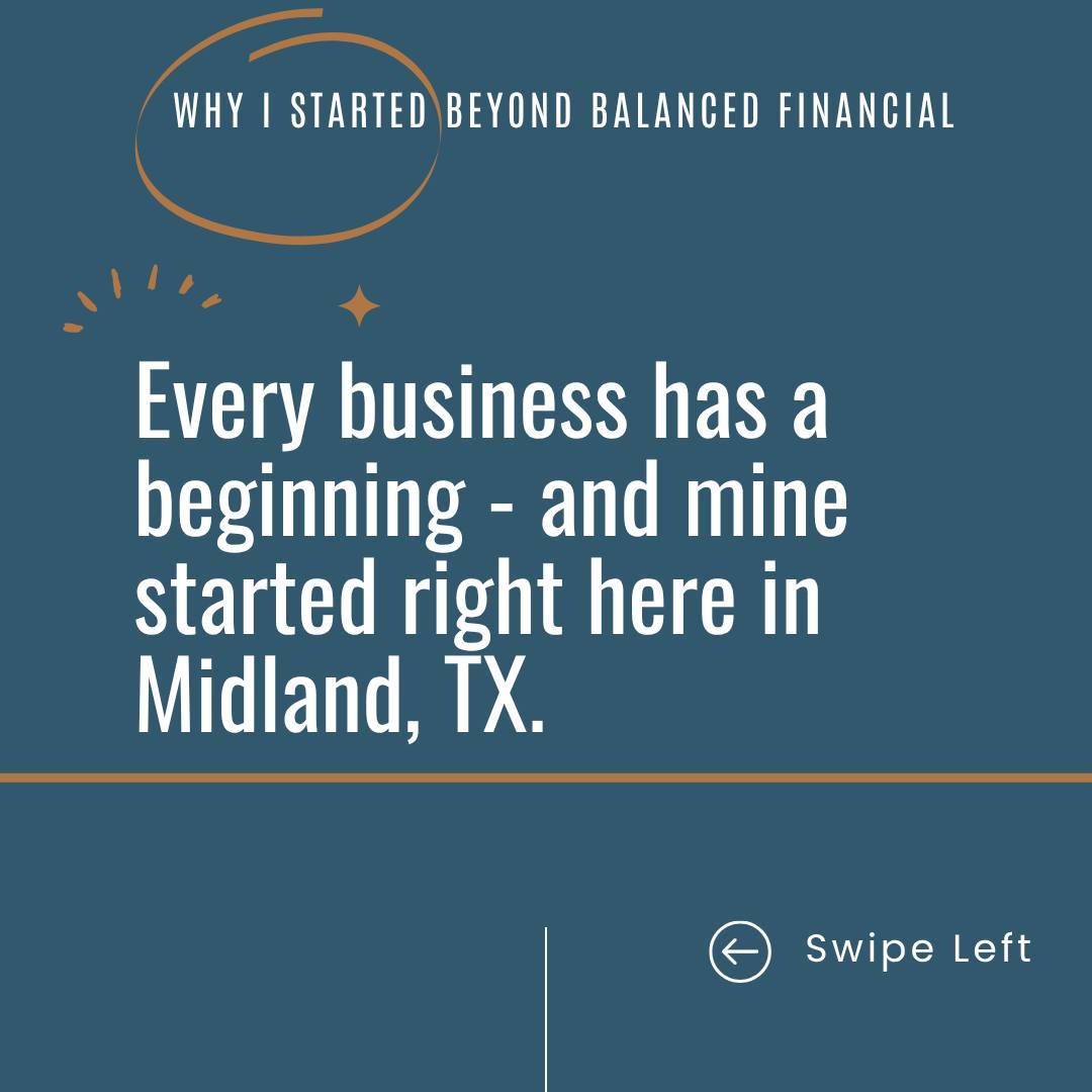 ✨ Why I Started Beyond Balanced Financial Planning ✨
ㅤ
In Midland, many financial advisors only cater to high-net-worth families. But what about those building wealth—juggling a growing career, raising kids, and trying to plan for the future?
ㅤ
I started Beyond Balanced because I saw a need. A need for honest, judgment-free advice. A need for education, not intimidation. A need for balance.
ㅤ
💡 I’ll never forget the client who said:
"I’m stressed, I don’t understand this stuff, and I just need someone to help."
That moment changed everything.
ㅤ
As a woman in a male-dominated industry, I created a space where people feel heard and empowered. Where no question is too simple. And where financial planning helps you build a life you love—today and tomorrow.
ㅤ
This isn’t just about spreadsheets.
It’s about peace of mind, clarity, and confidence.
It’s about you.
ㅤ
💬 Let me know if this resonates with you or someone you know.
#BeyondBalanced #MidlandTX #FinancialPlanning #WomenInFinance #OilAndGasFamilies #FinancialFreedom #BuildWealthWithConfidence #FaithAndFinance