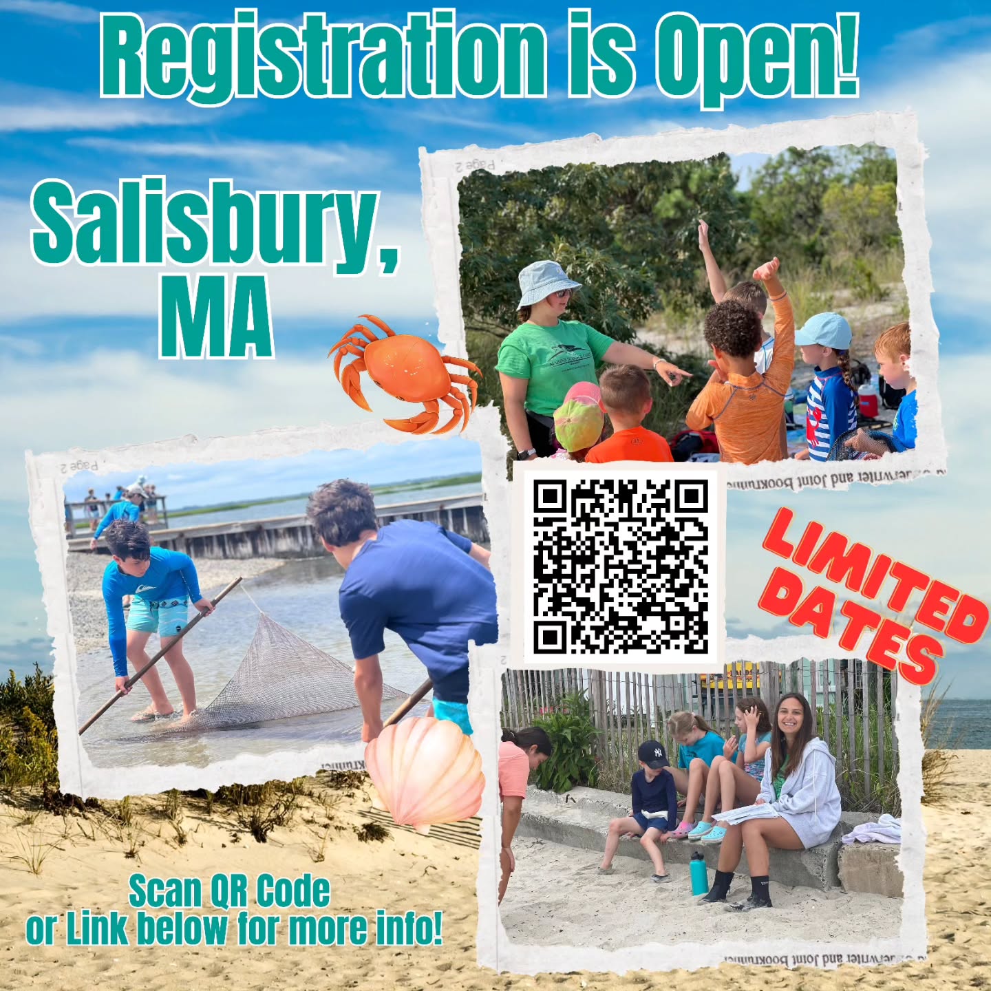 SALISBURY, MA — REGISTRATION IS LIVE! 🏖️🐙
Atlantic Ocean adventures are heading to Salisbury Beach! 🌊☀️
For one week only, campers will explore the shoreline and ocean environment through hands-on activities!
A full week of ocean air, curiosity, and discovery—don’t miss this special Atlantic-side adventure!
📍Salisbury Beach, Salisbury
⏰ 9:00 AM – 12:00 PM | Ages 5–14
📅 July 27-31 ONLY
Registration is now open— catch a spot now!
👉 https://marinesciencecamp.com/camp/salisbury-m-f-9am-2pm-ages-5-14/