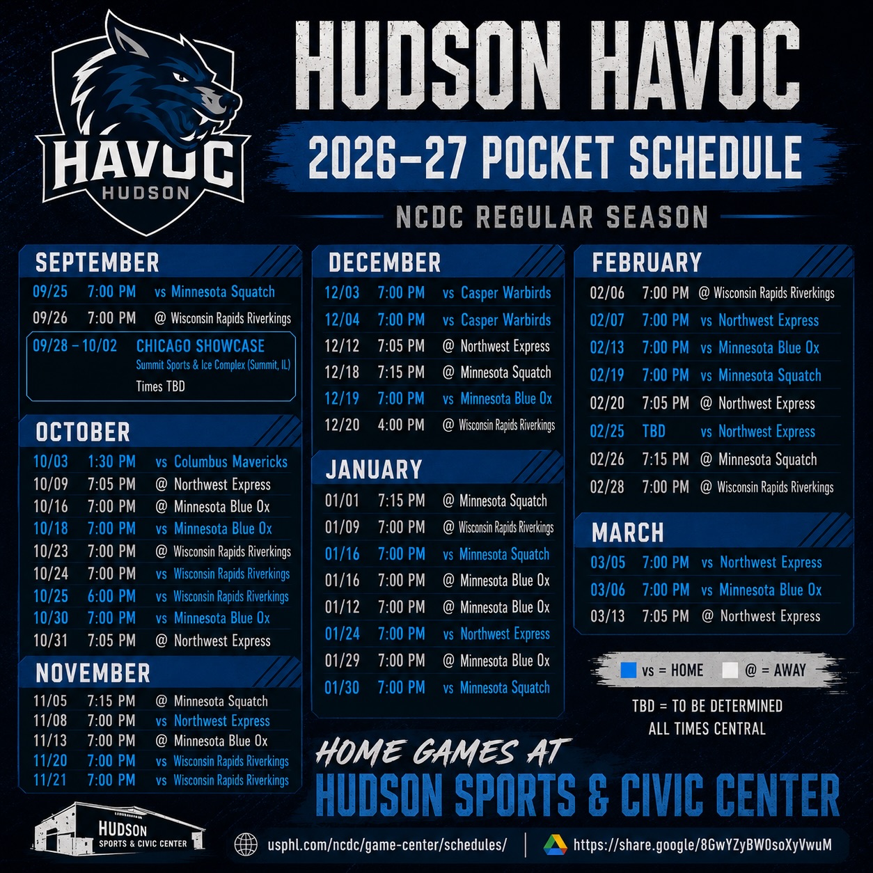 🚨 THE 2026–27 HUDSON HAVOC SCHEDULE IS HERE! 🚨Havoc hockey is officially right around the corner! 🐺🏒 Mark your calendars and get ready for another season at the Hudson Sports & Civic Center.🔥 22 home games
🏒 NCDC regular season action
📍 Hudson Sports & Civic Center
📅 Home opener: September 25 vs. Minnesota SquatchWe’ve got plenty planned for this season, so stay tuned for theme nights, special events, giveaways and more! 👀Save this schedule, send it to your hockey crew, and we’ll see you at the rink!LET’S WREAK HAVOC! 🐺💙#HudsonHavoc #WreakHavoc #NCDC #USPHL #HudsonWI JuniorHockey