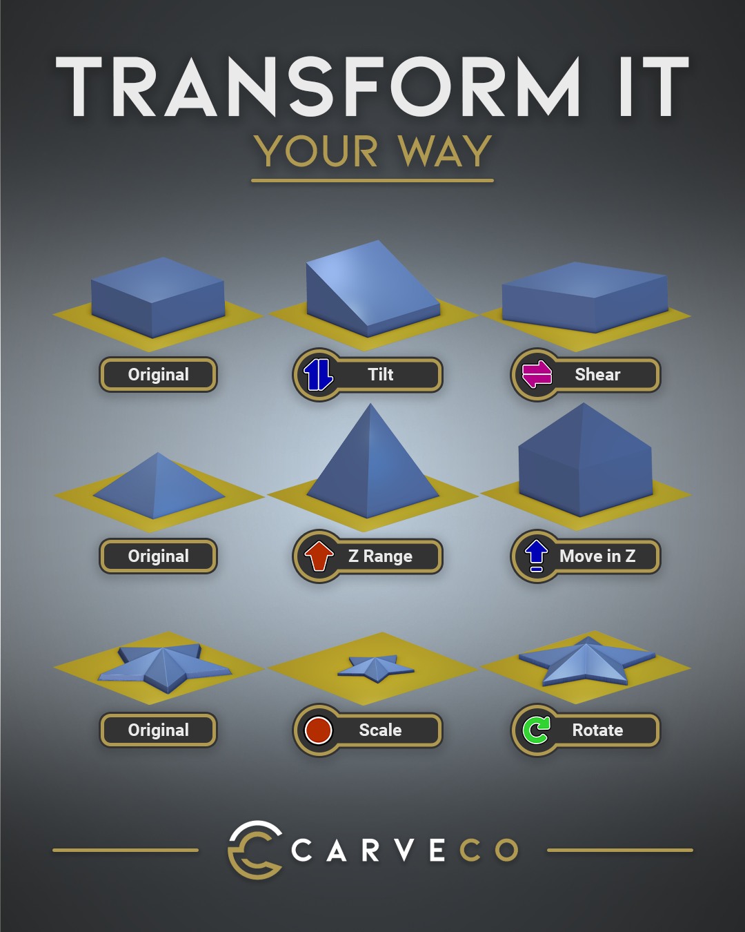Transform your reliefs in new ways with the new and improved Transform Tool.
Tilt, shear, stretch, lift, scale and rotate, live in 3D or with exact values.
Out now in Carveco Maker, Maker Plus and Pro.
carveco.com