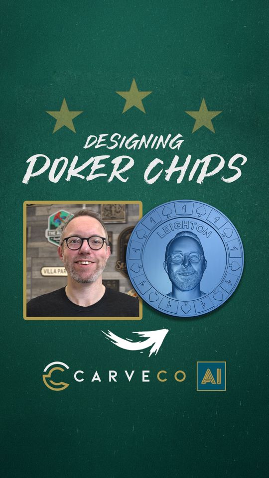 We turned the Carveco team into poker chips for this year's User Group. Here's how Leighton's was made.
There were five in total, each with a different member of staff. We ran a photo of each face through Forge to create the relief, then built the chip around it using Carveco's vector tools and the Shape Editor.
*This was filmed during beta, so Forge looks a little different in Carveco now.
Forge is out now in Carveco Maker, Maker Plus and Pro.
carveco.com/ai